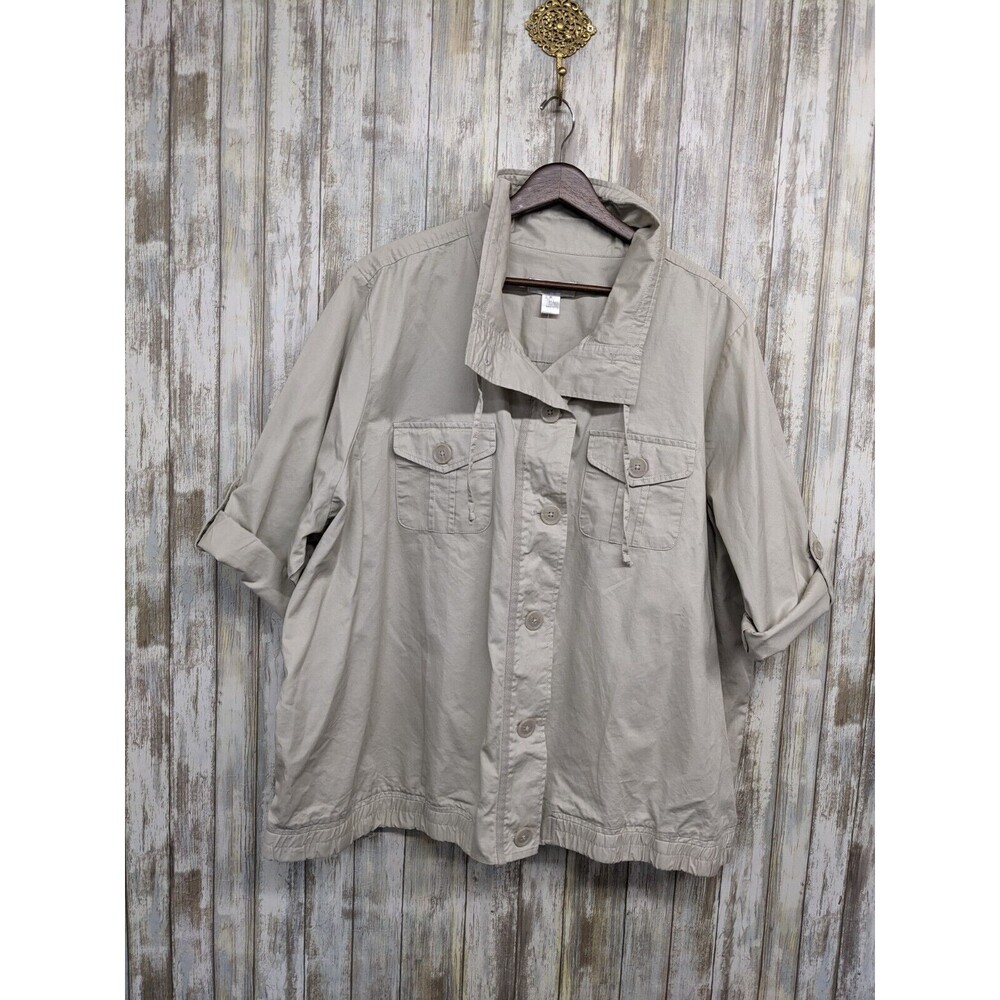 CJ Banks Khaki Jacket Roll Tab Sleeve Button Front 100% Cotton 3X 24/26W NWT $60